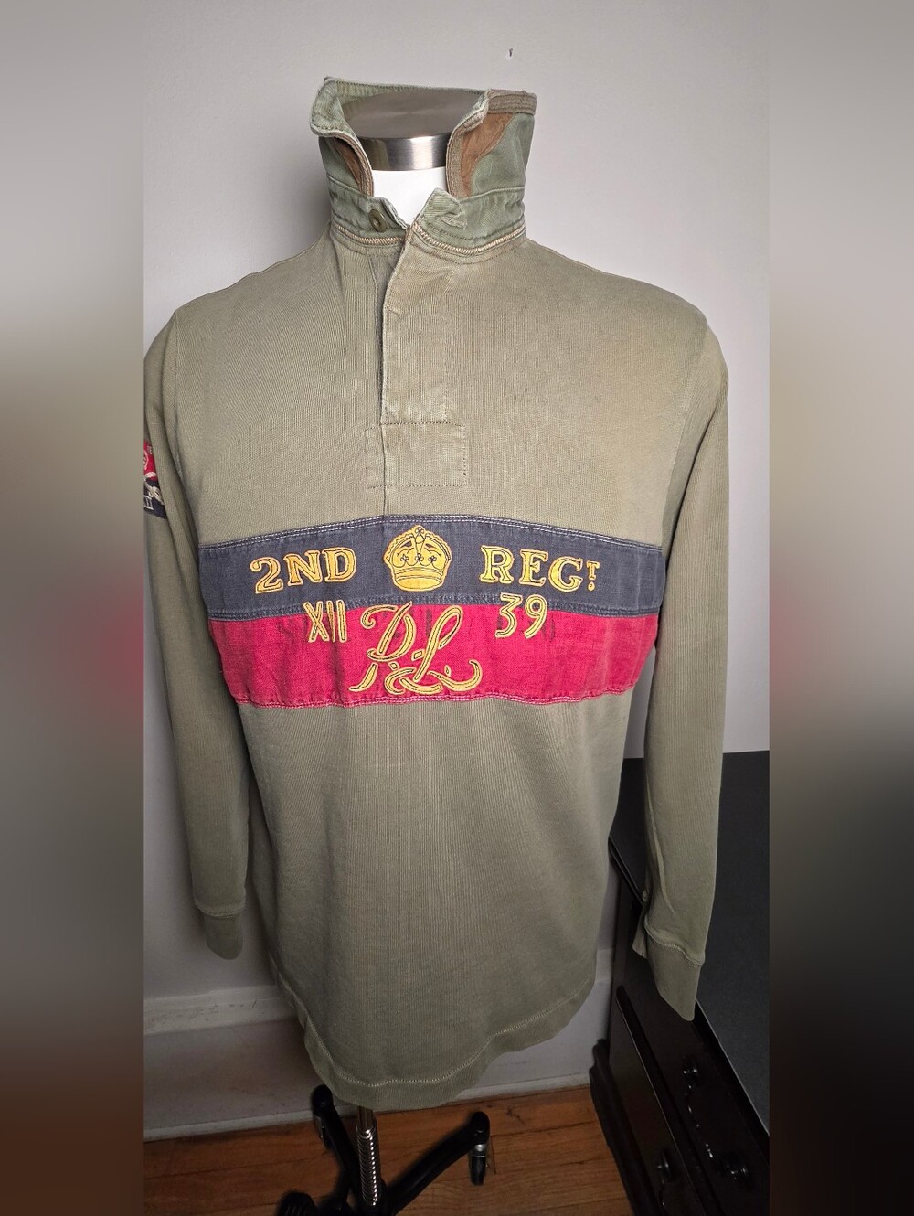 Polo by Ralph Lauren Olive Long Sleeve Rugby Shirt with Red & Navy Stripe